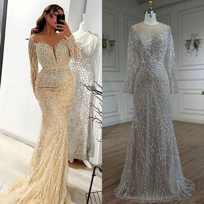 Luxury Dubai White Nude Mermaid Evening Dress With Long Sleeve LA72634 - SERENE HILL