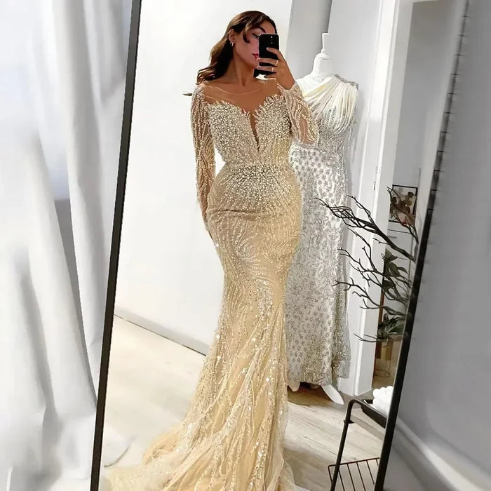 Luxury Dubai White Nude Mermaid Evening Dress With Long Sleeve LA72634 - SERENE HILL