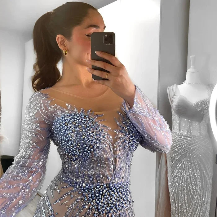 Luxury Dubai White Nude Mermaid Evening Dress With Long Sleeve LA72634 - SERENE HILL