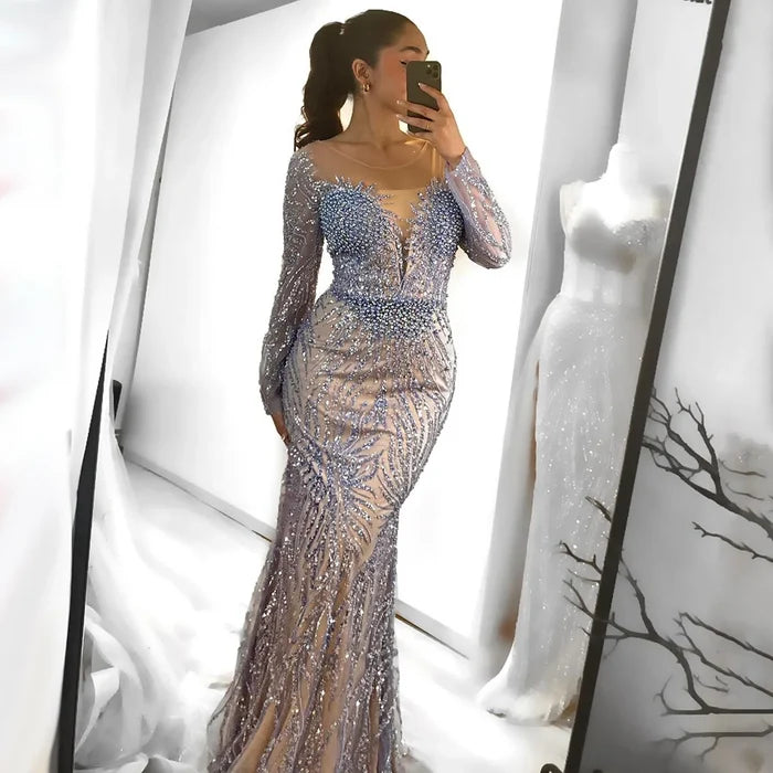 Luxury Dubai White Nude Mermaid Evening Dress With Long Sleeve LA72634 - SERENE HILL