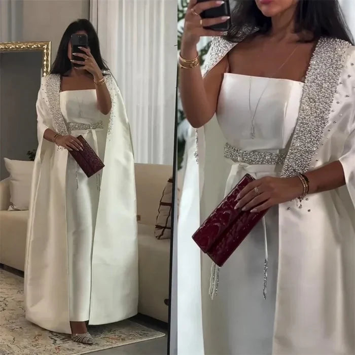 Luxury Dubai White Satin Mermaid Evening Dress with Long Cape LA72825 - SERENE HILL