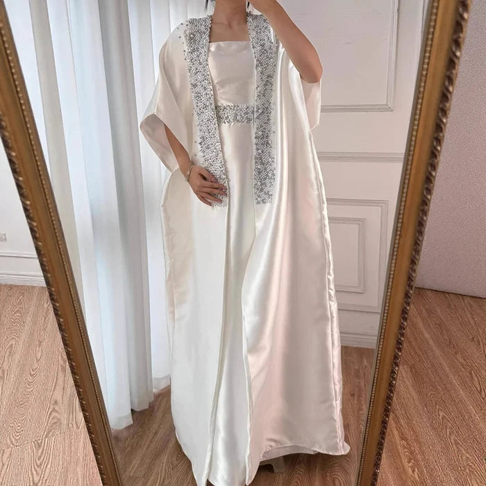 Luxury Dubai White Satin Mermaid Evening Dress with Long Cape LA72825 - SERENE HILL