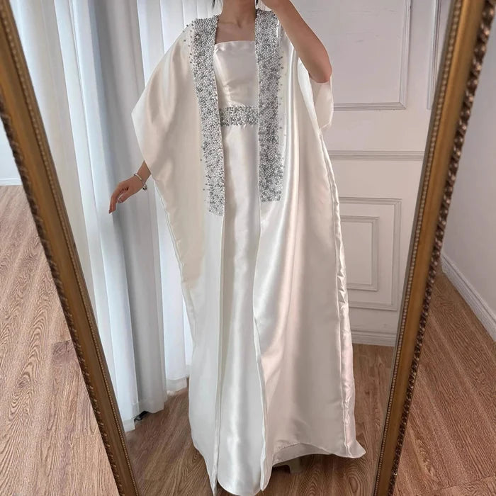Luxury Dubai White Satin Mermaid Evening Dress with Long Cape LA72825 - SERENE HILL