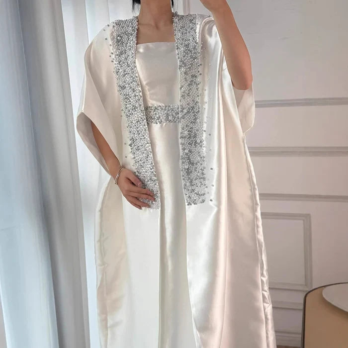 Luxury Dubai White Satin Mermaid Evening Dress with Long Cape LA72825 - SERENE HILL