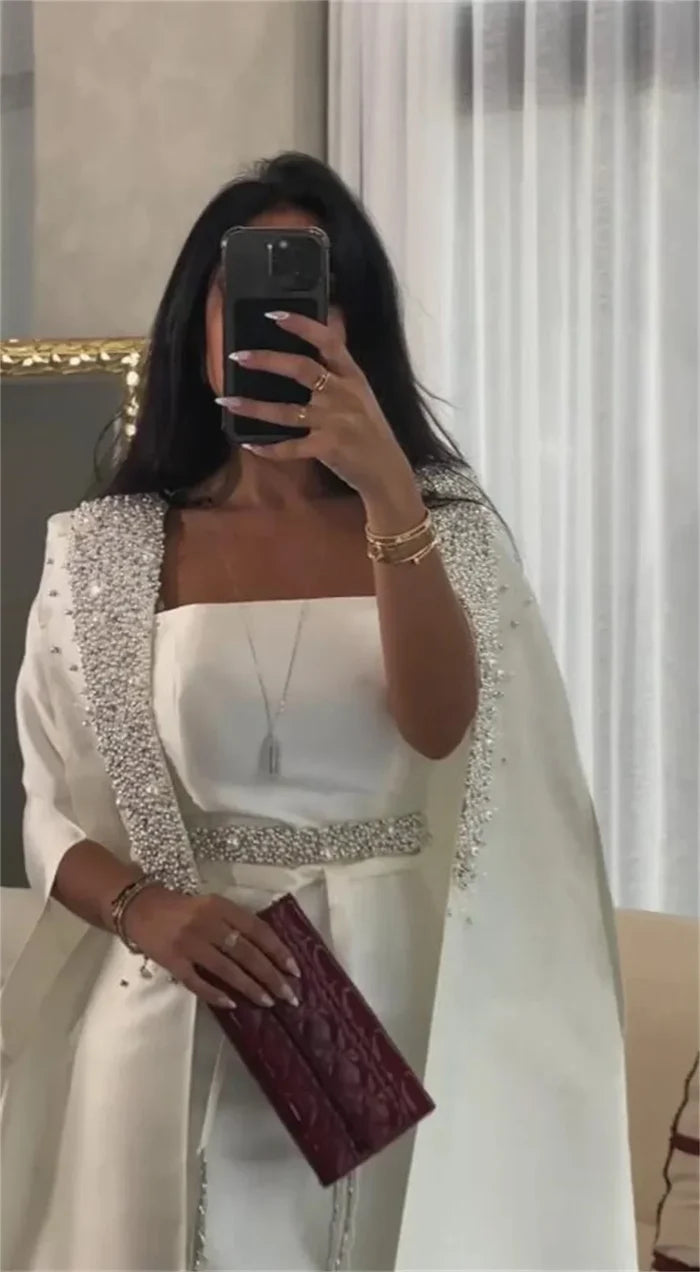 Luxury Dubai White Satin Mermaid Evening Dress with Long Cape LA72825 - SERENE HILL