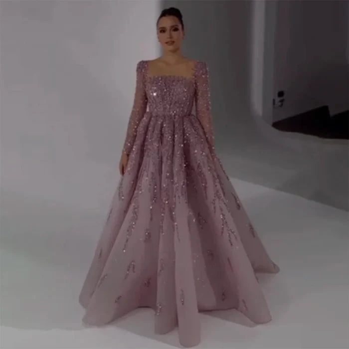 Luxury Dusty Pink Long Sleeves A-Line Evening Dress LA71915 - SERENE HILL