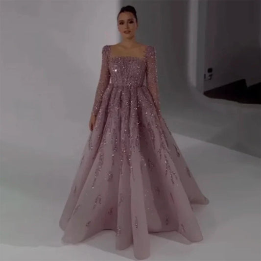 Luxury Dusty Pink Long Sleeves A-Line Evening Dress LA71915 - SERENE HILL