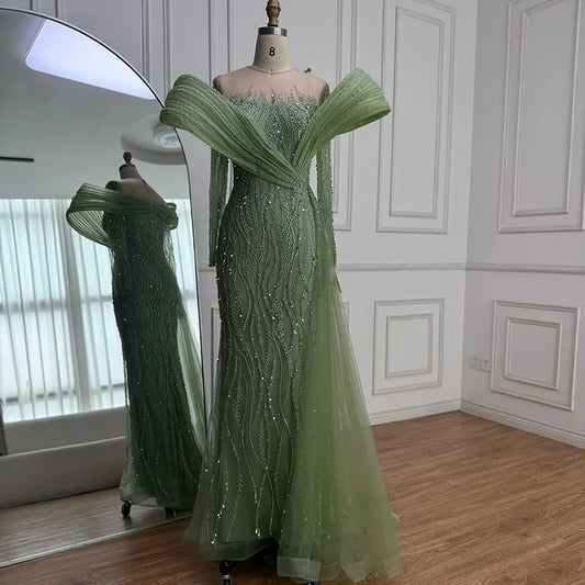 Elegant Sage Green Beaded Evening Dress with Flowing Hem LA72928 - SERENE HILL