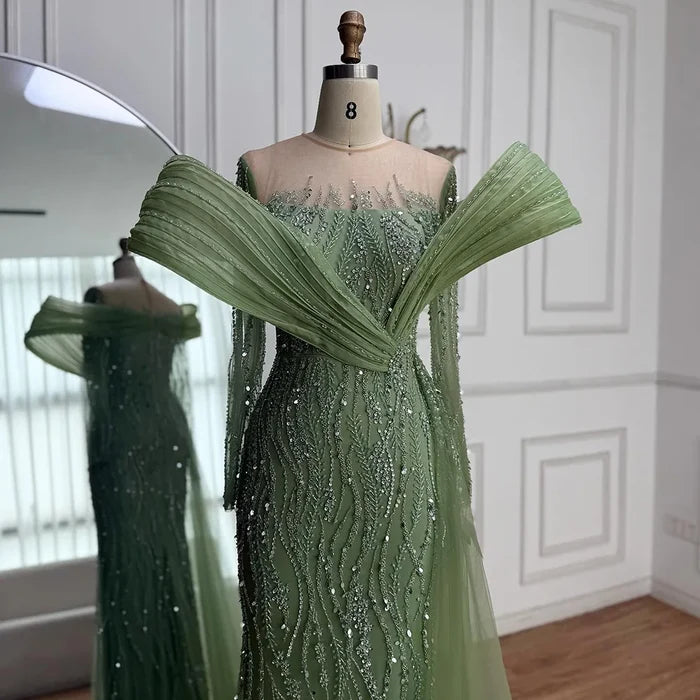 Elegant Sage Green Beaded Evening Dress with Flowing Hem LA72928 - SERENE HILL