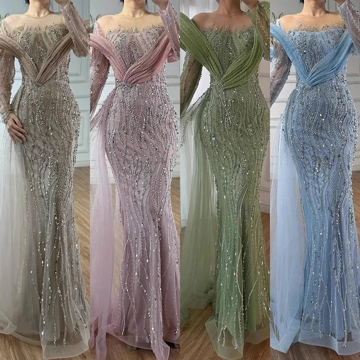 Elegant Sage Green Beaded Evening Dress with Flowing Hem LA72928 - SERENE HILL