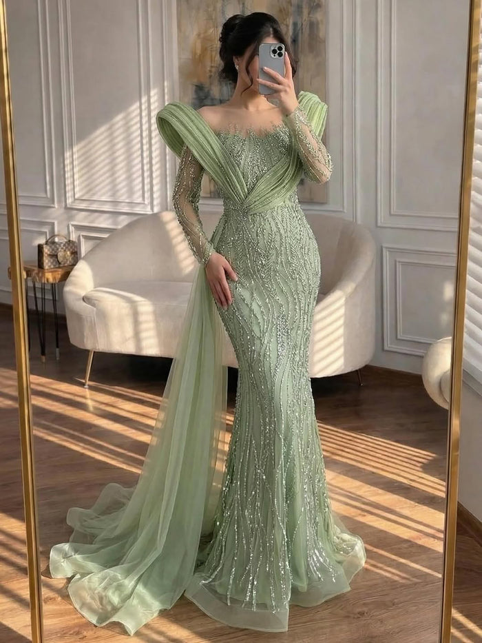 luxury Elegant Sage Green Beaded Evening Dress LA72928