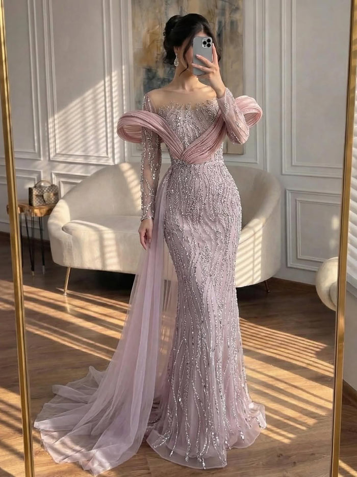 luxury Elegant Sage Green Beaded Evening Dress LA72928