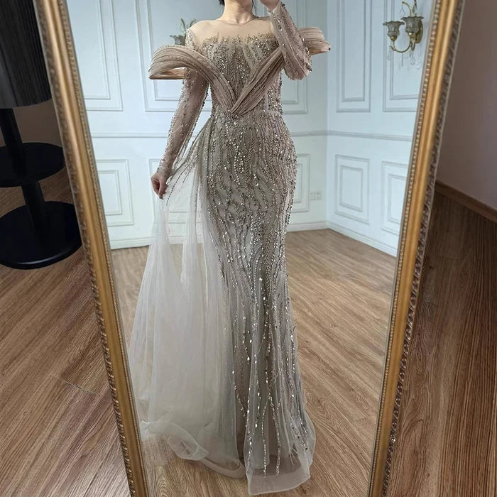 Elegant Sage Green Beaded Evening Dress with Flowing Hem LA72928 - SERENE HILL