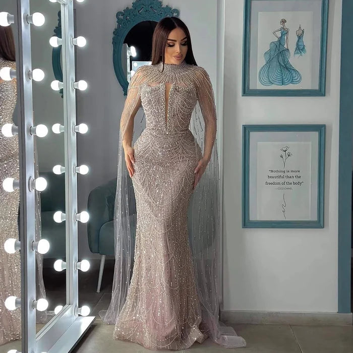 Luxury Evening Dress Nude Pearls Beaded Gown With Tulle Train LA72189A - SERENE HILL