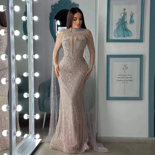 Luxury Evening Dress Nude Pearls Beaded Gown With Tulle Train LA72189A - SERENE HILL