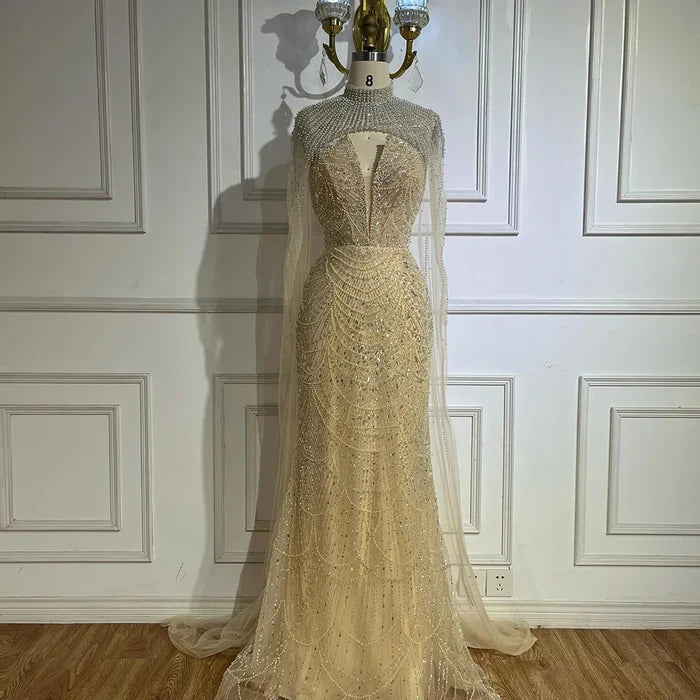 Luxury Evening Dress Nude Pearls Beaded Gown With Tulle Train LA72189A - SERENE HILL