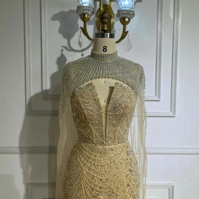 Luxury Evening Dress Nude Pearls Beaded Gown With Tulle Train LA72189A - SERENE HILL