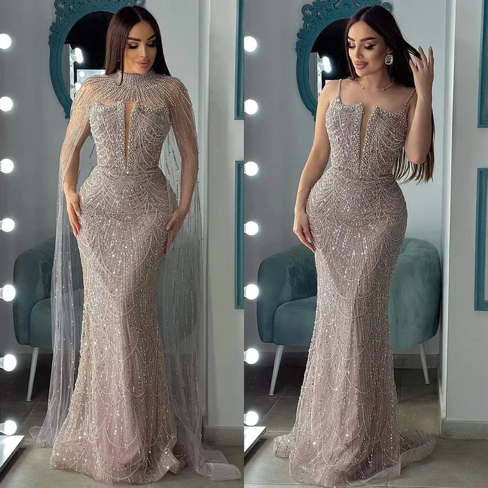 Luxury Evening Dress Nude Pearls Beaded Gown With Tulle Train LA72189A - SERENE HILL