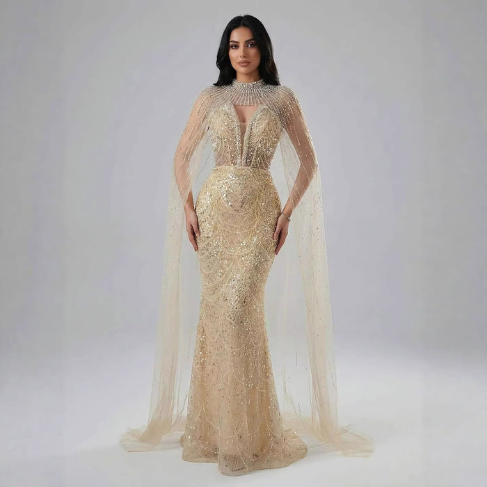 Luxury Evening Dress Nude Pearls Beaded Gown With Tulle Train LA72189A - SERENE  HILL