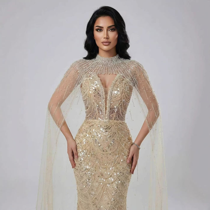 Luxury Evening Dress Nude Pearls Beaded Gown With Tulle Train LA72189A - SERENE  HILL