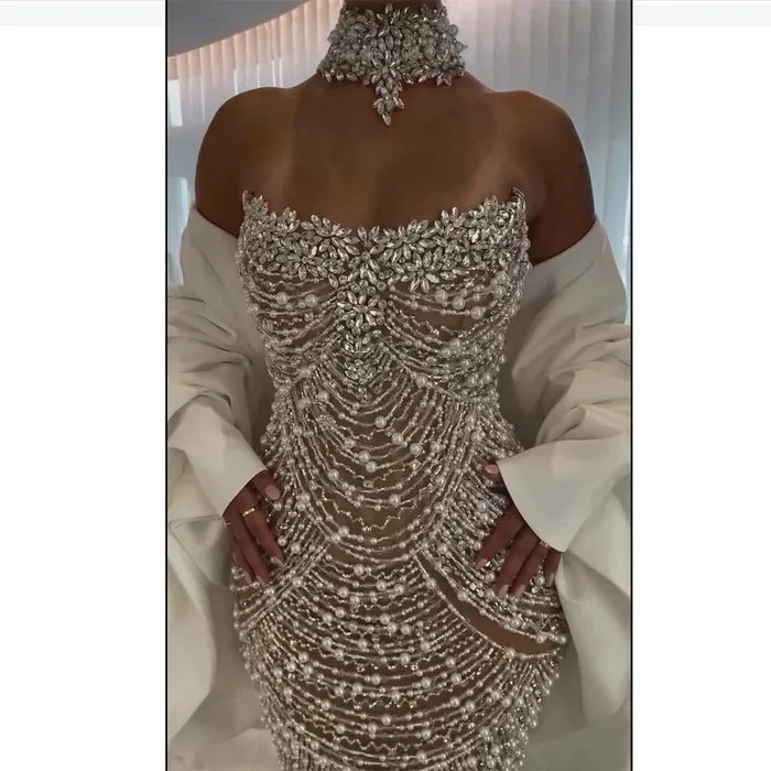 Luxury Famous White Nude Pearls Beaded Mermaid Evening Dress With Cape LA72802 - SERENE HILL