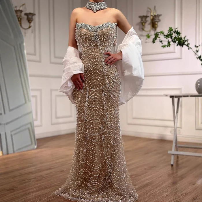 Luxury Famous White Nude Pearls Beaded Mermaid Evening Dress With Cape LA72802 - SERENE HILL