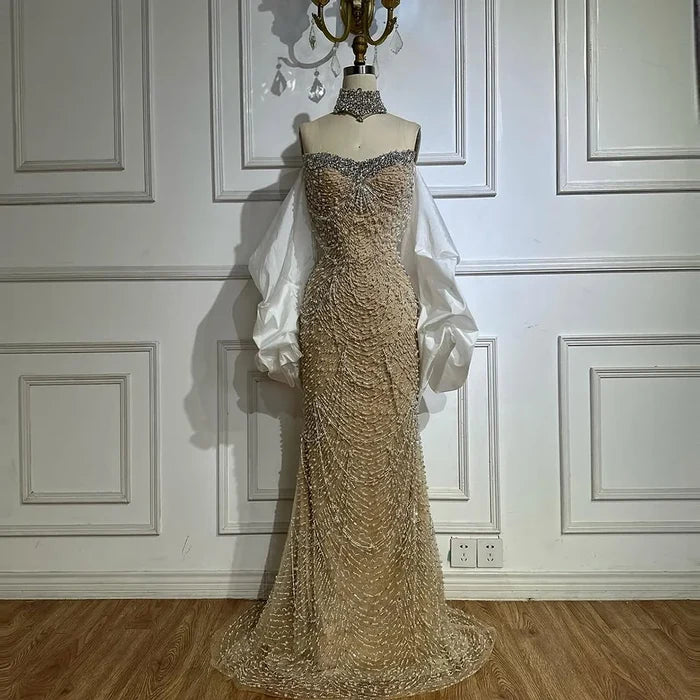 Luxury Famous White Nude Pearls Beaded Mermaid Evening Dress With Cape LA72802 - SERENE HILL