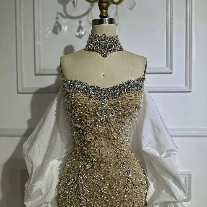 Luxury Famous White Nude Pearls Beaded Mermaid Evening Dress With Cape LA72802 - SERENE HILL