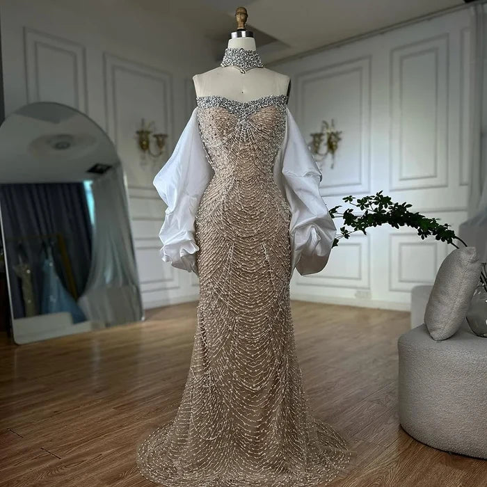 Luxury Famous White Nude Pearls Beaded Mermaid Evening Dress With Cape LA72802 - SERENE HILL