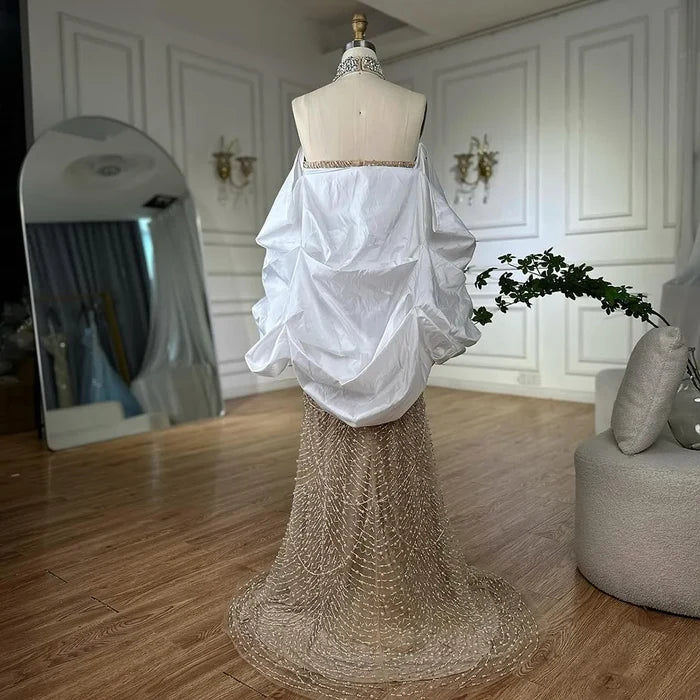 Luxury Famous White Nude Pearls Beaded Mermaid Evening Dress With Cape LA72802 - SERENE HILL