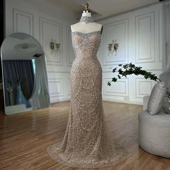 Luxury Famous White Nude Pearls Beaded Mermaid Evening Dress With Cape LA72802 - SERENE HILL