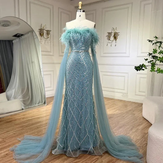 Luxury Feather Turquoise Evening Dress with Cape LA72169B - SERENE HILL