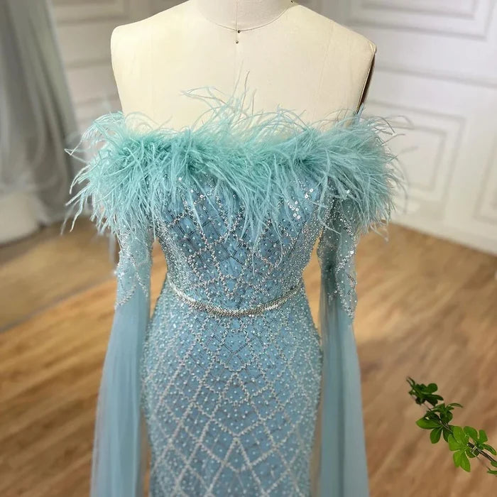 Luxury Feather Turquoise Evening Dress with Cape LA72169B - SERENE HILL