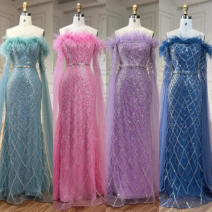 Luxury Feather Turquoise Evening Dress with Cape LA72169B - SERENE HILL