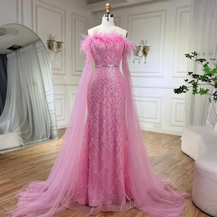 Luxury Feather Turquoise Evening Dress with Cape LA72169B - SERENE HILL