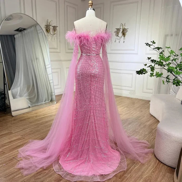 Luxury Feather Turquoise Evening Dress with Cape LA72169B - SERENE HILL