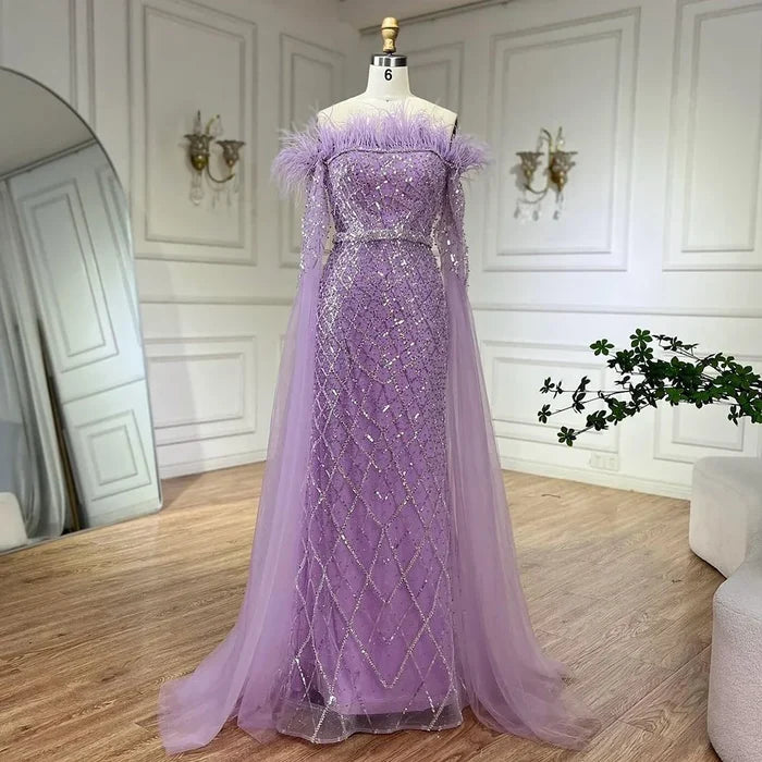 Luxury Feather Turquoise Evening Dress with Cape LA72169B - SERENE HILL