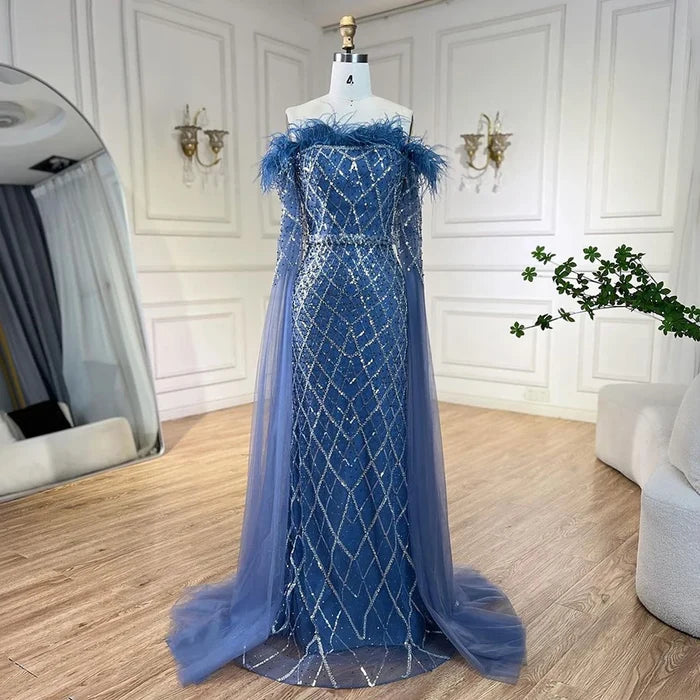 Luxury Feather Turquoise Evening Dress with Cape LA72169B - SERENE HILL