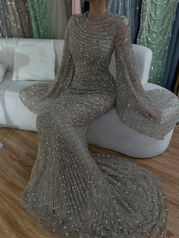 Luxury Flared Sleeves Caramel Beaded Mermaid Evening Dress LA72771 - SERENE HILL