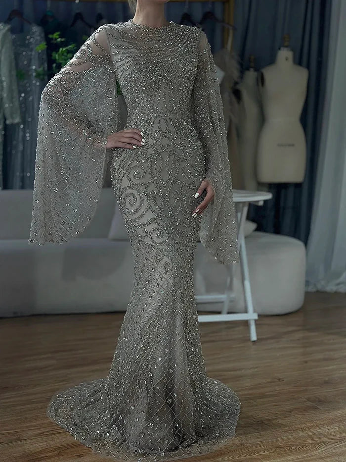Luxury Flared Sleeves Caramel Beaded Mermaid Evening Dress LA72771 - SERENE HILL