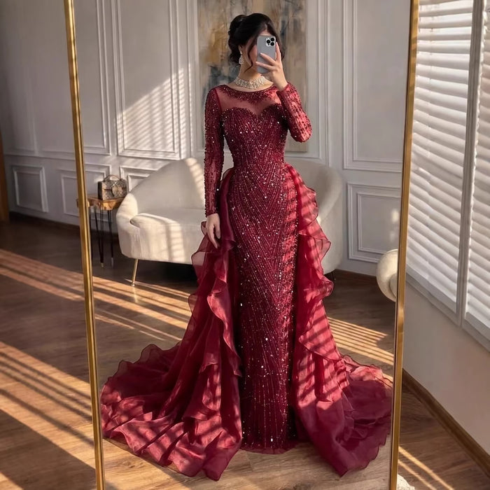 Luxury Fuchsia Beaded Mermaid Evening Dress With Overskirt LA72379 - SERENE  HILL