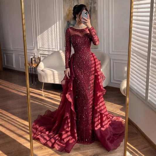 Luxury Fuchsia Beaded Mermaid Evening Dress With Overskirt LA72379 - SERENE  HILL