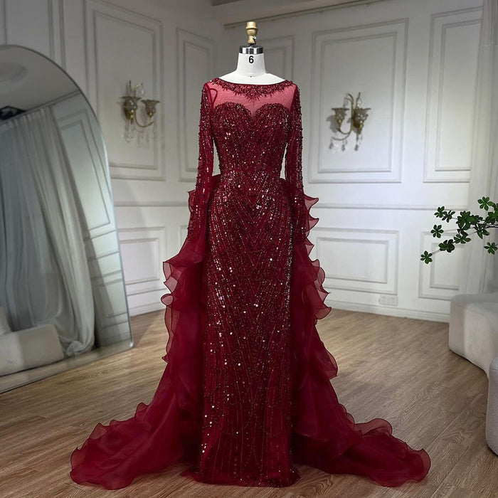 Luxury Fuchsia Beaded Mermaid Evening Dress With Overskirt LA72379 - SERENE  HILL