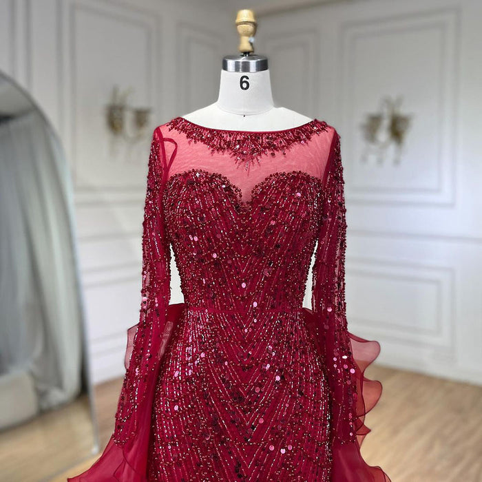 Luxury Fuchsia Beaded Mermaid Evening Dress With Overskirt LA72379 - SERENE  HILL