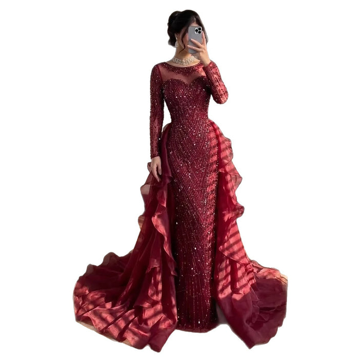 Luxury Fuchsia Beaded Mermaid Evening Dress With Overskirt LA72379 - SERENE  HILL