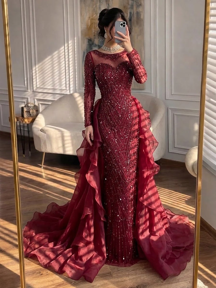 Luxury Fuchsia Beaded Mermaid Evening Dress With Overskirt LA72379 - SERENE  HILL