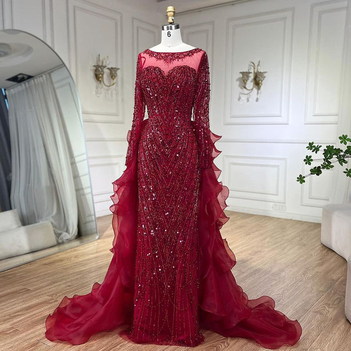 Luxury Fuchsia Beaded Mermaid Evening Dress With Overskirt LA72379 - SERENE  HILL