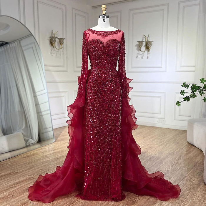 Luxury Fuchsia Beaded Mermaid Evening Dress With Overskirt LA72379 - SERENE  HILL
