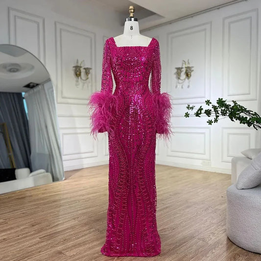 Luxury Fuchsia Dubai Evening Dress Long Sleeves with Feather LA72565 - SERENE HILL
