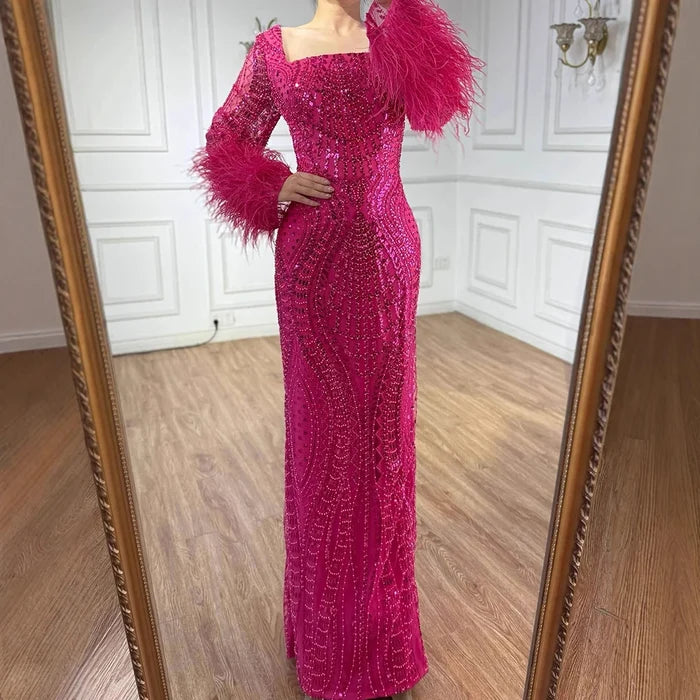 Luxury Fuchsia Dubai Evening Dress Long Sleeves with Feather LA72565 - SERENE HILL